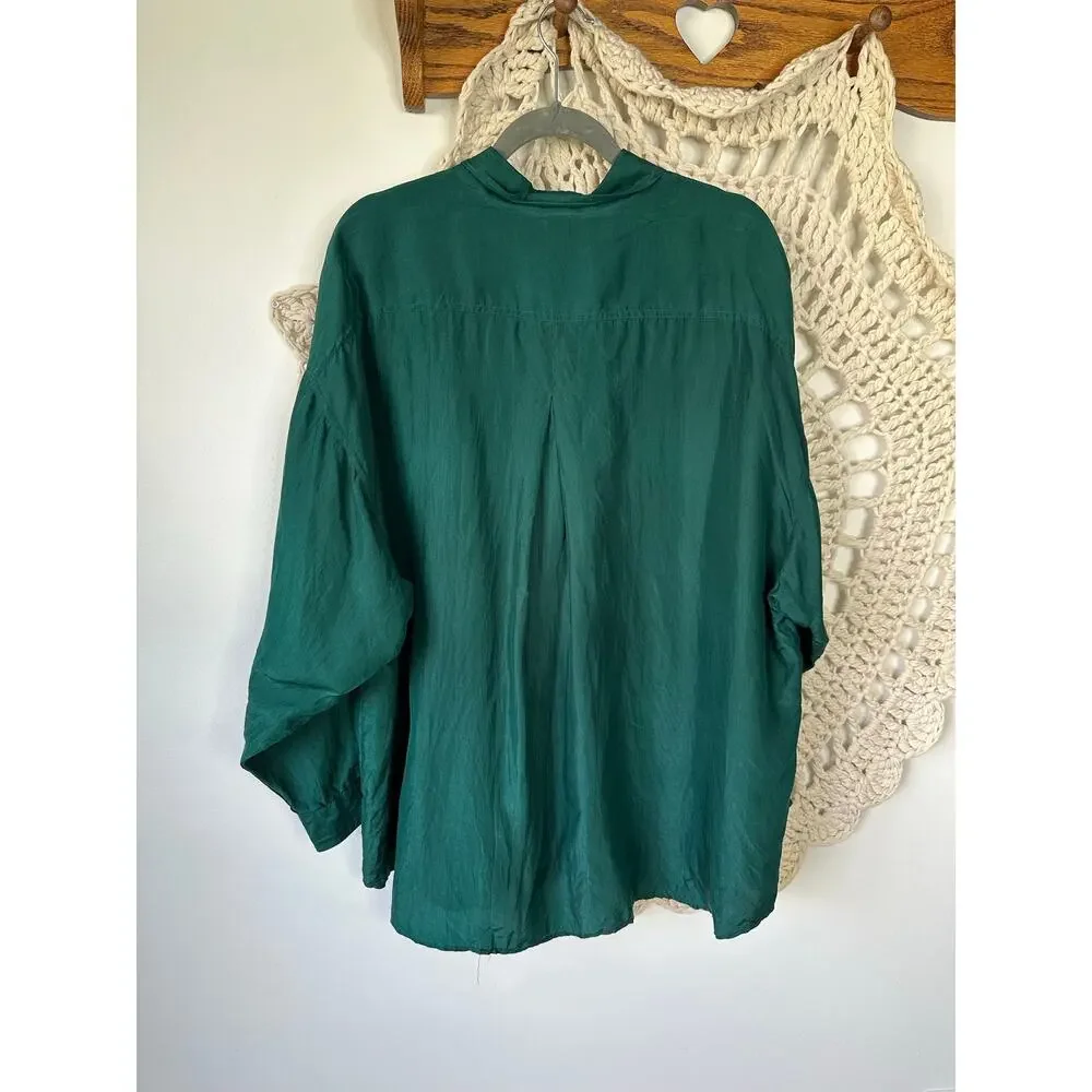 Express Vintage 90s Forest Green Silk Oversized Button Up Shirt Size Large